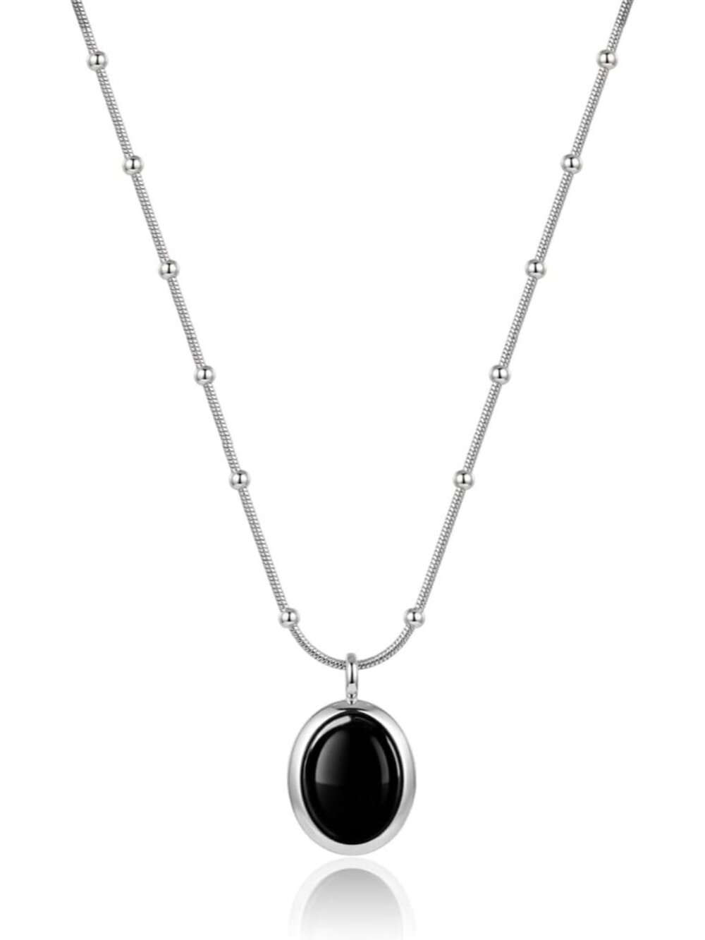 Women's Black Silver Cat Eye Oval Pendant Satellite Chain Beaded Choker Necklace